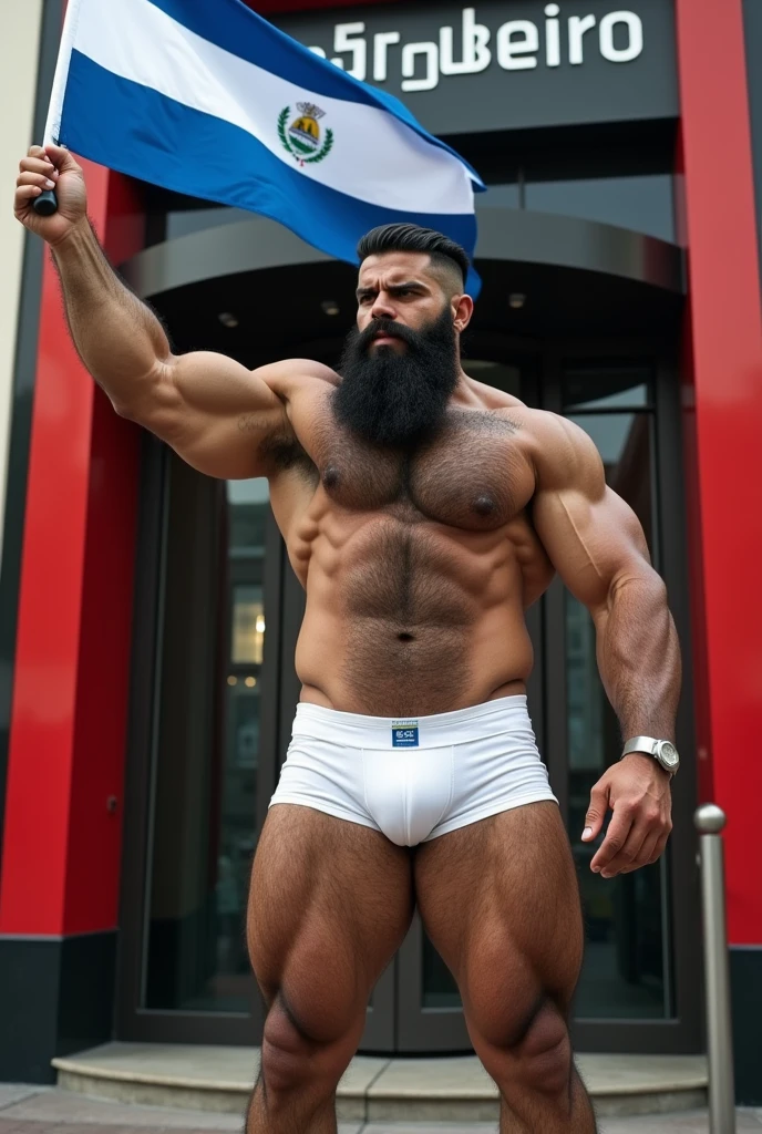 Strong, hairy, bearded mixed race man in white underwear, waving a Nicaraguan flag in front of a red and black bank branch with a sign above the revolving door reading “BANCO RIBEIRO”.
