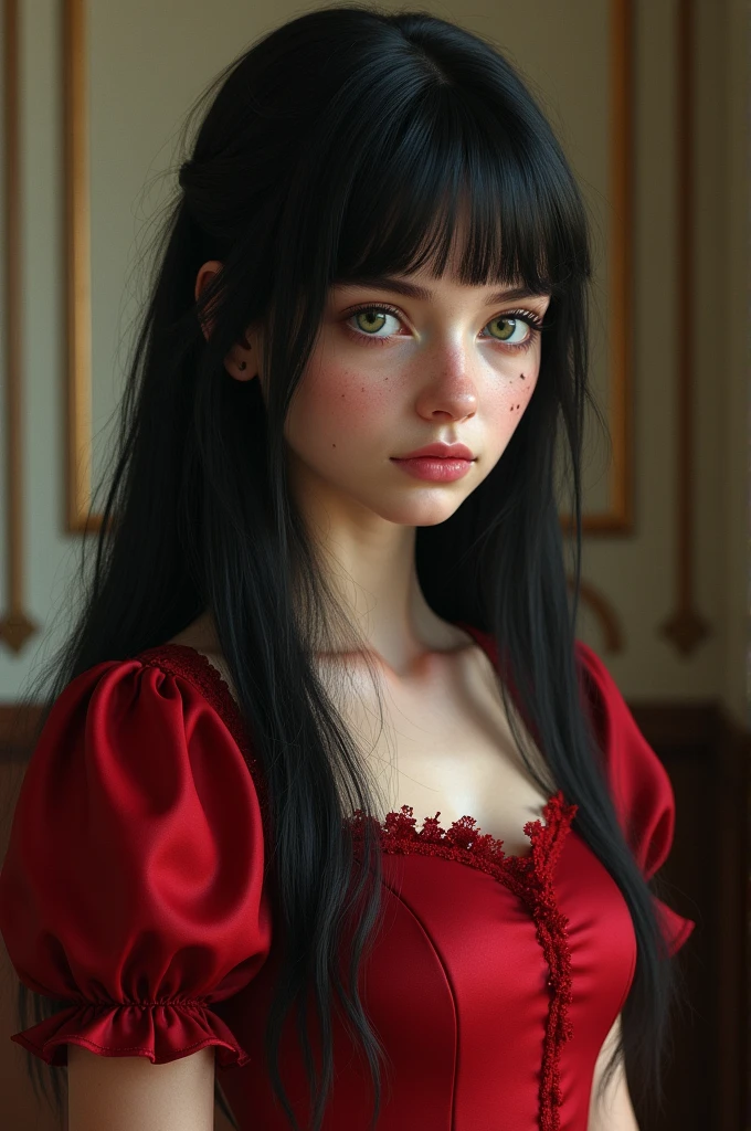 victorian age girl with black straight hair and emerald green eyes wearing a victorian red dress, pale and soft skin with a body sign in her left cheek