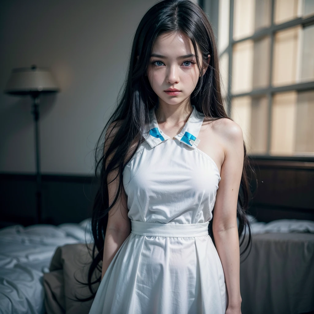 ((best qualityer)), ((work of art)), ((detailded)), create an image inspired by Rin Nanakura, super realistico, a beautiful young woman, young white color, long hair, Bblack hair, blue colored eyes, elegant outfit, top quality picture, super realistico, 8 k quality, ultra realisitic, ultra definition, cinema quality