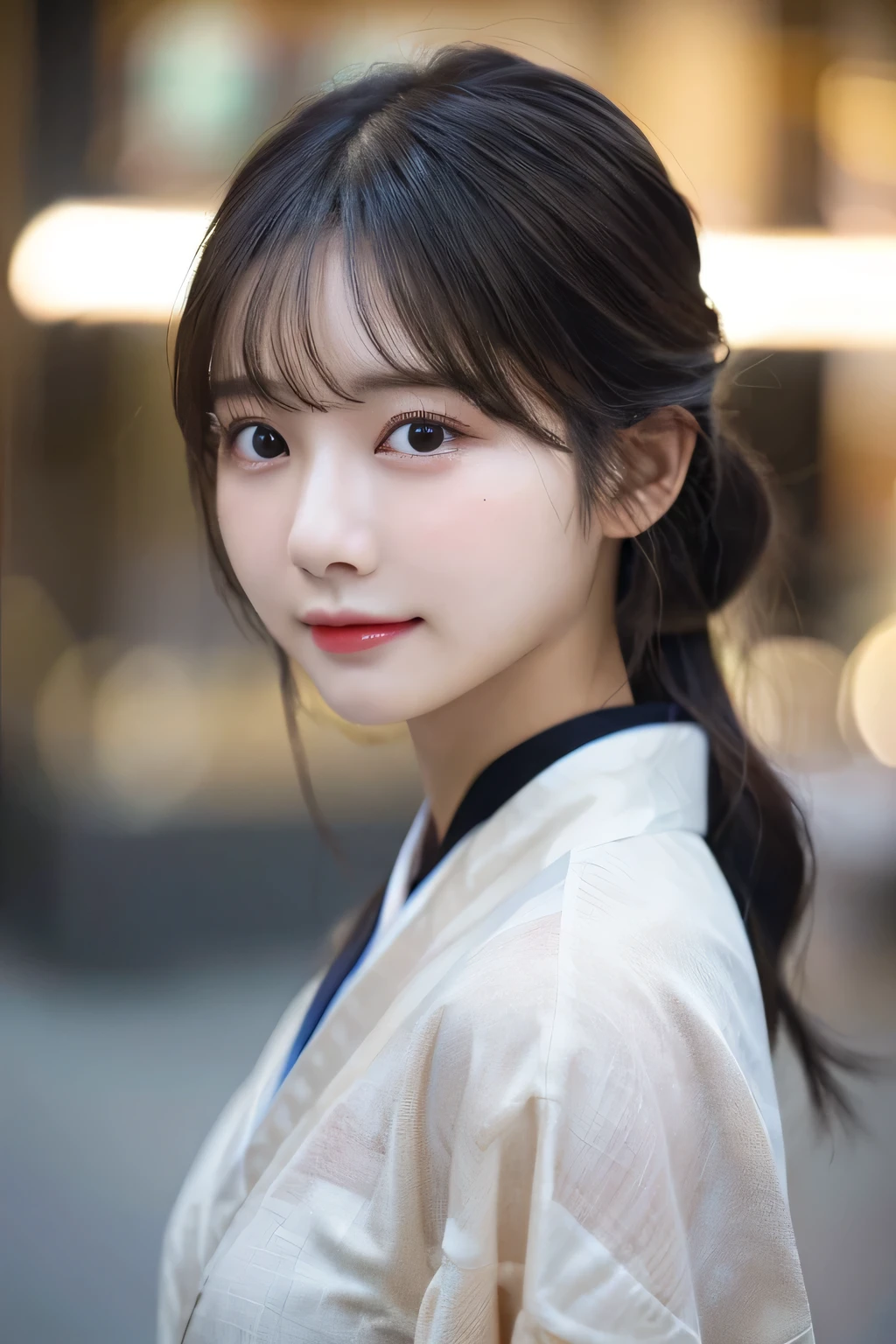 （kimono）、(top-quality,​masterpiece:1.3,超A high resolution,),(ultra-detailliert,Caustics),(Photorealsitic:1.4,RAW shooting,)Ultra-realistic capture,A highly detailed,High resolution 16K human skin close-up。 Skin texture is natural、,The pores are、Must be detailed enough to be easy to identify。 Skin should look healthy with even tones。 Use natural light and color,1人,japanes,23years old,kawaii,A dark-haired,Middle hair,,smil,Turn your body to the front,(front-facing view:1.2),,(、tear bags、solid bangs、best qualtiy、超A high resolution、depth of fields、chromatic abberation、、Wide range of lighting、Natural Shading、)、