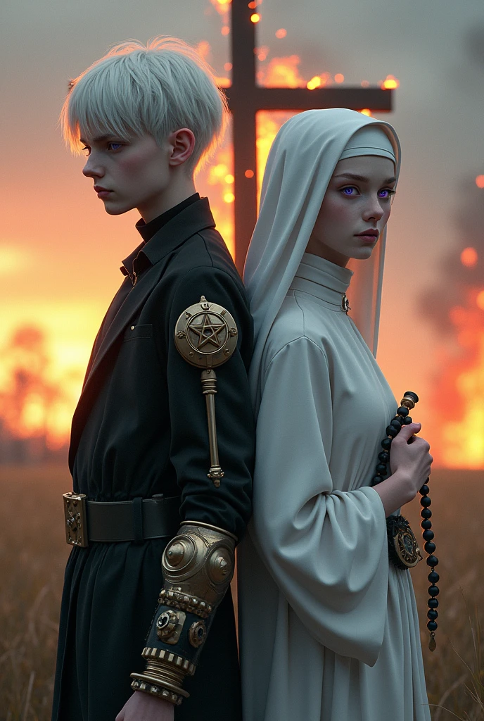 Two pale middle-aged pre-s back to back with violet eyes and white hair, with the one on the left with short white hair in dark alchemist clothes and with the left arm with a steampunk prosthesis with a pentagram raised, and the one on the right in white nun&#39;s clothes with a rosary, at sunset with a bonfire behind with a cross in the middle behind 