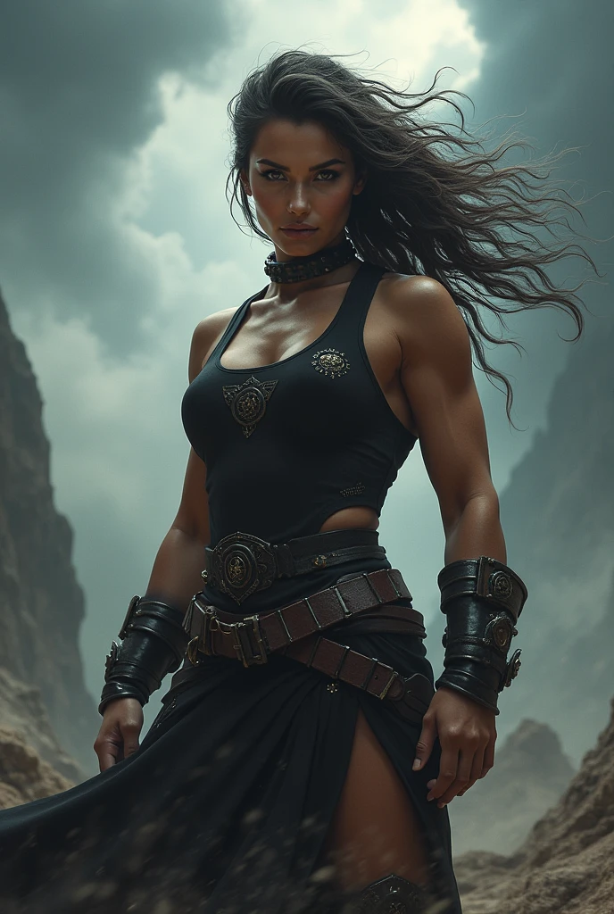 Muscular goddes of war wearing a black tanktop