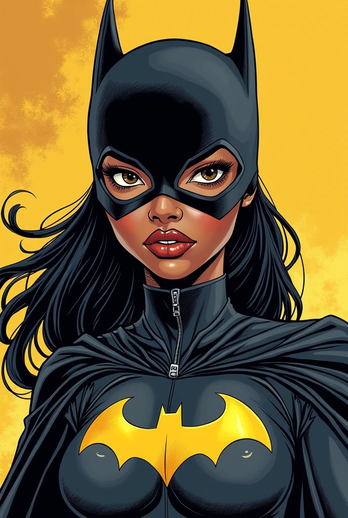 Create a female character , young black woman, dressed as batman. The drawing has to be in comic book style (comic book).