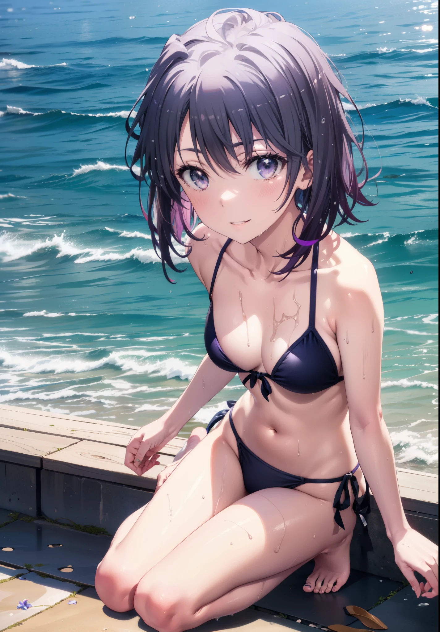 Haruno Yukinoshita, Haruno Yukinoshita, short hair, Hair between the eyes, (Iris:1.5), Black Hair, Gradient Hair, Two-tone hair, Purple Hair, smile,
Black Bikini Swimsuit,barefoot,Wet swimsuit,Wet Hair,Wet Skin,Water Play,Daytime,Clear skies,True Summer,whole bodyがイラストに入るように,
break looking at viewer,whole body,
break outdoors, Ocean,Beach,
break (masterpiece:1.2), Highest quality, High resolution, unity 8k wallpaper, (figure:0.8), (Beautiful attention to detail:1.6), Highly detailed face, Perfect lighting, Highly detailed CG, (Perfect hands, Perfect Anatomy),