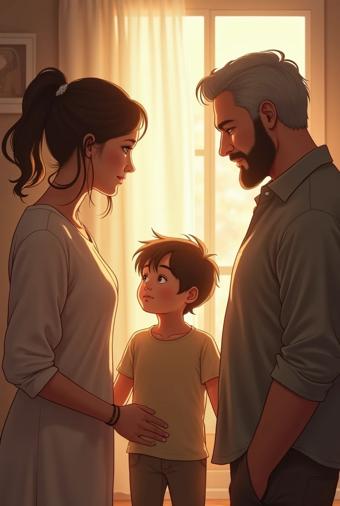 Mother and father exchange glances and the son is between the two of them