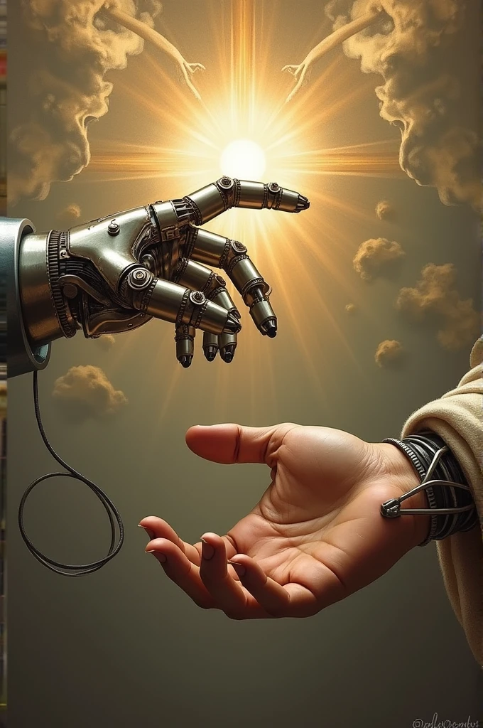 creation of adam painting, android touching gods finger, 8k wallpaper, photograph, android reaching up to god, god at top right of photo, one finger out, one finger touching