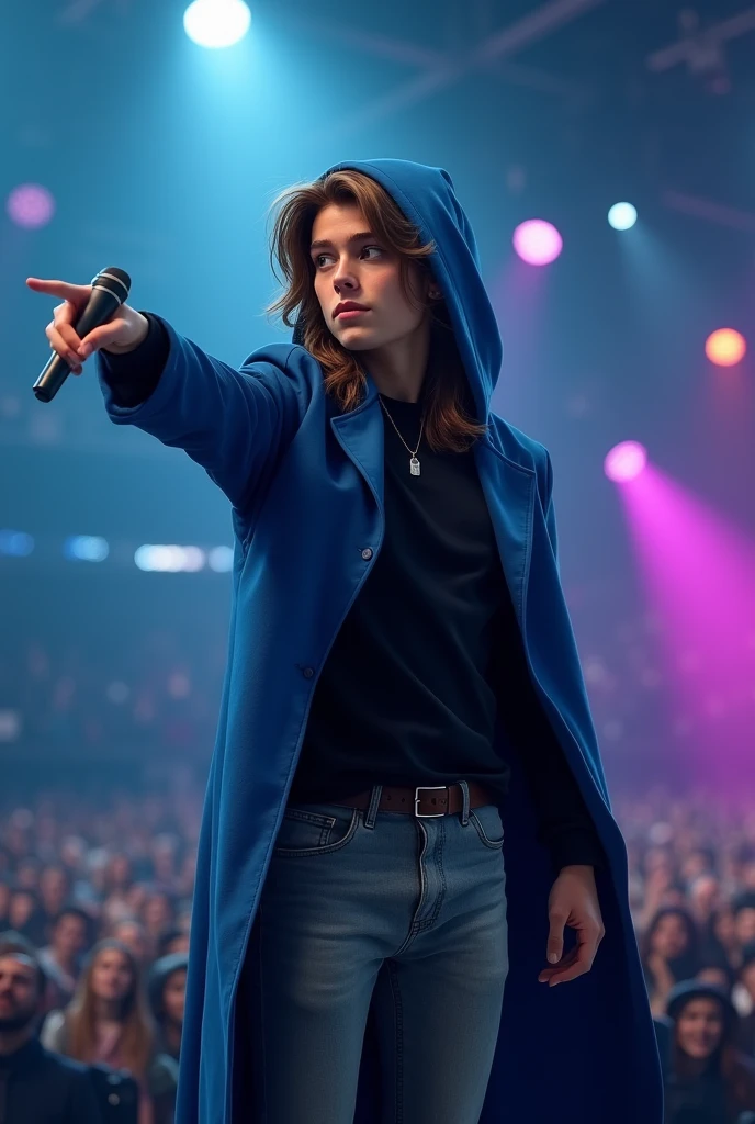 artwork best quality realistic image handsome american male teenager long brown hair light skin with dark blue cape coat and light blue hood on head with details blue long sleeve black shirt and gray pants underneath intricate details singing holding a microphone seen from afar pointing to the audience at a concert with details uhq 8k realism