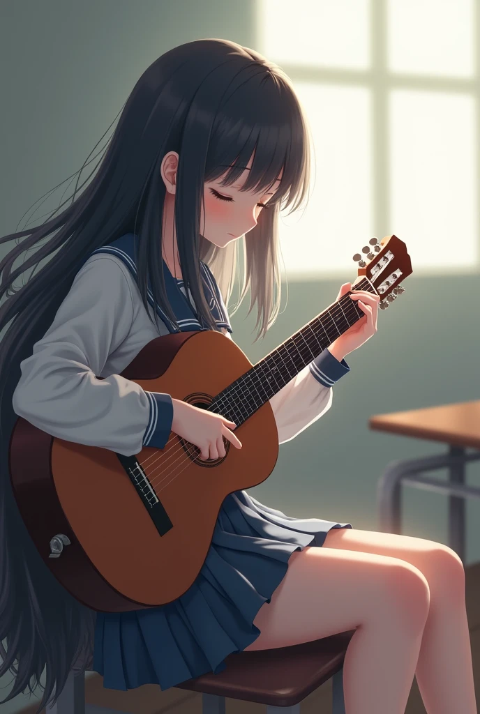 Pretty anime girl in school uniform with long dark hair with eyes closed sitting sideways playing a guitar