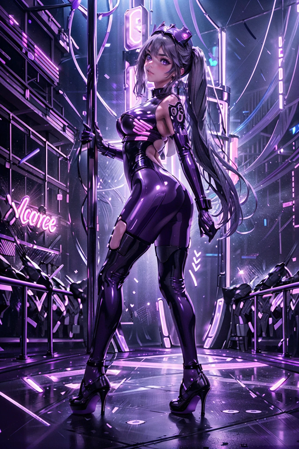 1female, solo, i:p masquerena, long dark gray hair, twintails, purple eyes, purple latex bodysuit, on stage, neon nightclub background, night time, bright lit neon signs in background, people watching in background, high heels, dancing in front of stripper pole, stripper_girl, private_strip_session, private_lap_dance, strip_club_venue, ((full body shot)), light particles, (highly detailed:1.2),(detailed face:1.2), detailed eyes:1.2), (detailed background), (dynamic pose:1.2), Volumetric Lighting, backlight, night