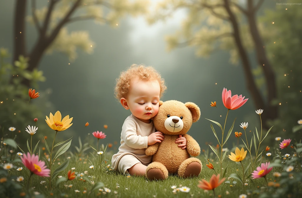 baby with taddy bear sitting a beautyful location , dreammy effect aroung the baby