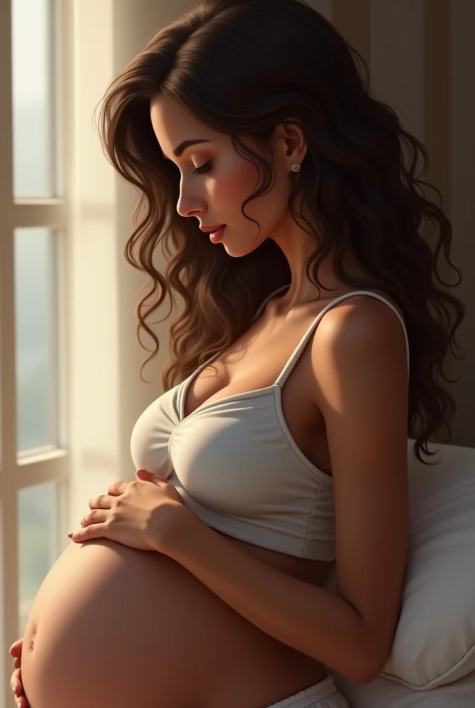 Create a girl with dark skin and wavy brown hair with gray eyes pregnant looking at her face with love