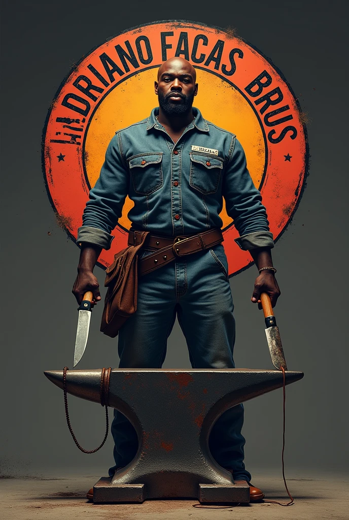 Make a large logo in the shape of an anvil written in Portuguese Adriano facas brus, with a bald black man who doesn&#39;t have a beard and is strong, wearing a uniform jeans holding a knife in one hand and a hammer in the other the written phrase you have to be Adriano Brutas knives 