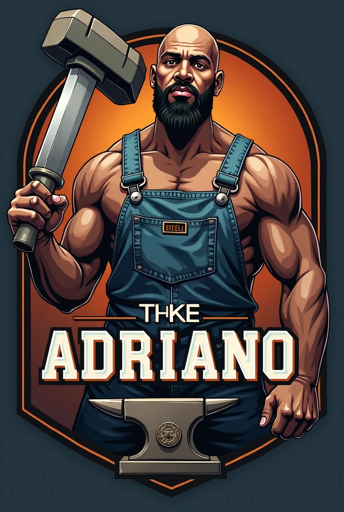 Make a large logo in the shape of an anvil written in Portuguese Adriano facas brus, with a bald black man who doesn&#39;t have a beard and is strong, wearing a uniform jeans holding a knife in one hand and a hammer in the other the written phrase you have to be Adriano Brutas knives 