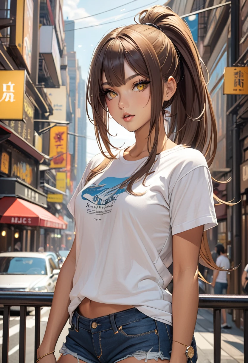 ((best quality)), ((Masterpiece)), (details), Young woman, Medium bust, brown hair, yellow eyes, ((long hair, ponytail)), handsome face, (Tanned skin:1.3), Long eyelashes, Thick eyelashes, T-shirt and jeans shorts , city