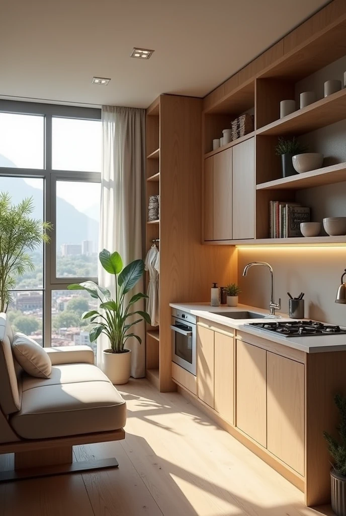 Create a one-room room, that has a kitchen-dining room, a small bathroom and a bed to rest.