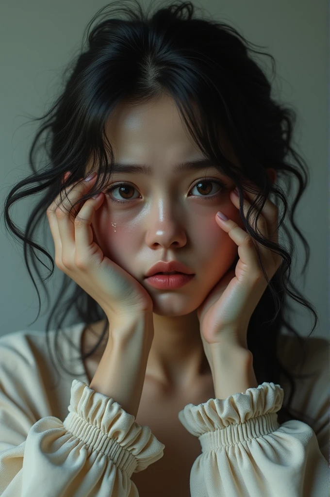 Create a 3D image of a young woman facing forward, holding a clump of fallen hair in her right hand raised next to her head, while tears stream down her face. The left hand is positioned lower, and the woman is looking directly at the viewer with a distressed expression