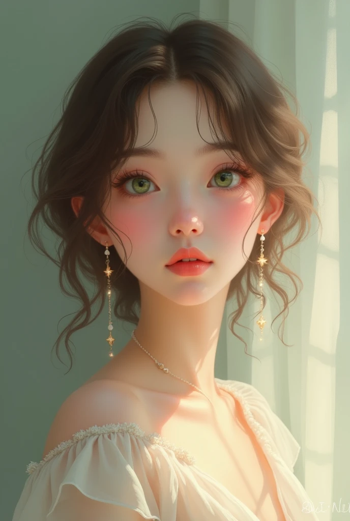 White woman, green eyes, short and light brown hair pretty, and tender