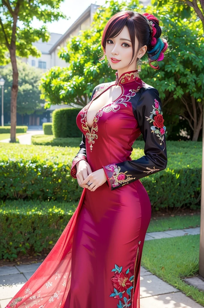 (masterpiece:1.4), (best quality:1.4), ultra high res, ultra high resolution, ((detailed facial features)), HDR, (realistic, photorealistic, photo-realistic:1.37), full body Esbian, sexy Vietnamese model, (-anime), vivid colors, ((vivid colors multicolor (red, fuchsia) very short hair)), (happy smile), lip-gloss, long lashes, ultra detailed metallic makeup, defined eyebrows, wearing large sparkling colorful jewelery, (wearing a red silk Paradise Kiss cosplay dress with black floral embroidery), ((vivid colors outfit)), vivid colors, look at the camera, cinematic light, large park background with trees, sweet and sexy pose