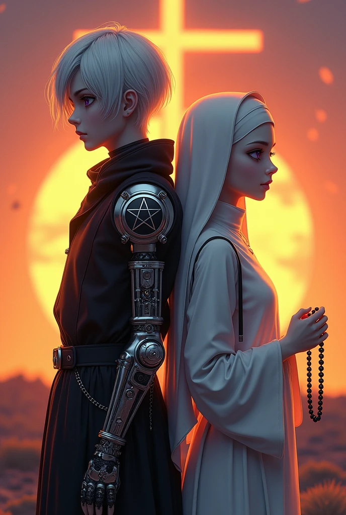 Two pale middle-aged teenagers back to back with violet eyes and white hair, with the one on the left with short white hair in dark alchemist clothes and with the left arm with a steampunk prosthesis with a pentagram raised, and the one on the right in white nun&#39;s clothes with a rosary, at sunset with a bonfire behind with a cross in the middle behind 