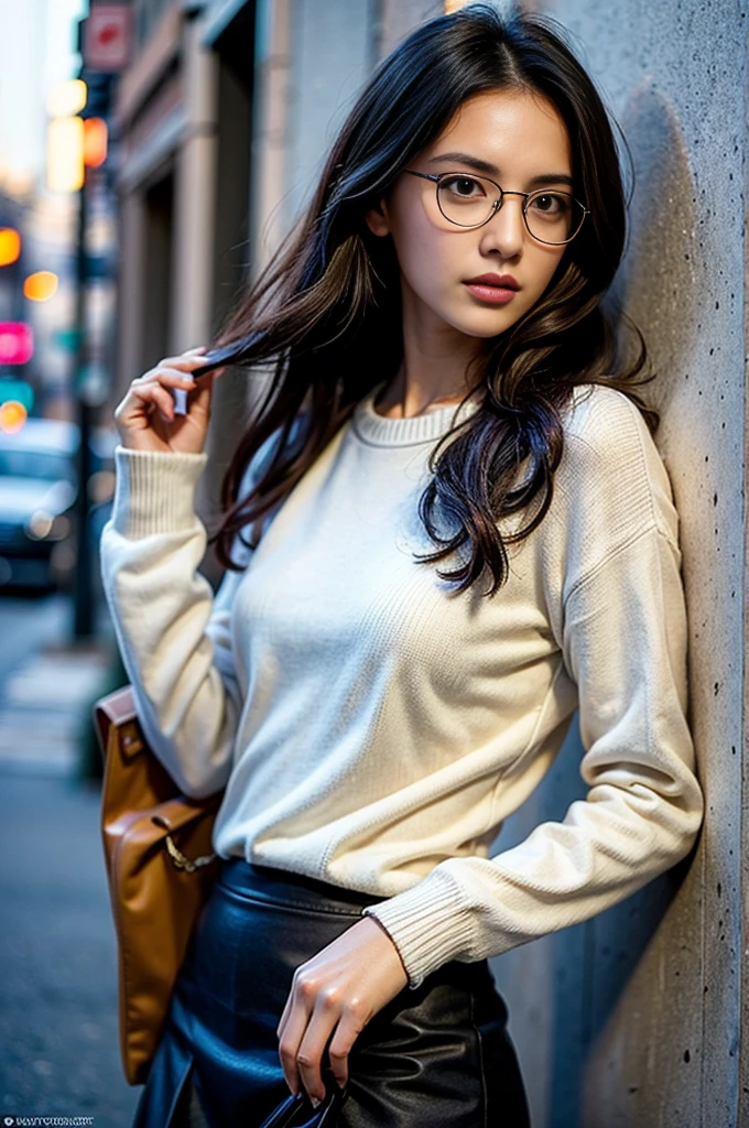 Photo of a beautiful woman standing on a street corner, (masterpiece:1.2, highest quality), (Realistic, photoRealistic:1.4), Beautiful illustrations, (Natural Side Lighting, Cinema Lighting), Written boundary depth, Beautiful thighs staring at the viewer, (((Face Focus, Upper Body))), 1 female, 30-year-old, alone, thin, slender, small breasts!!!, Loose curly hair, Bedhead, Forehead, thin, slender, (((glasses))), sweater, Skinny skirt, Are standing, New York 25th Street, portrait