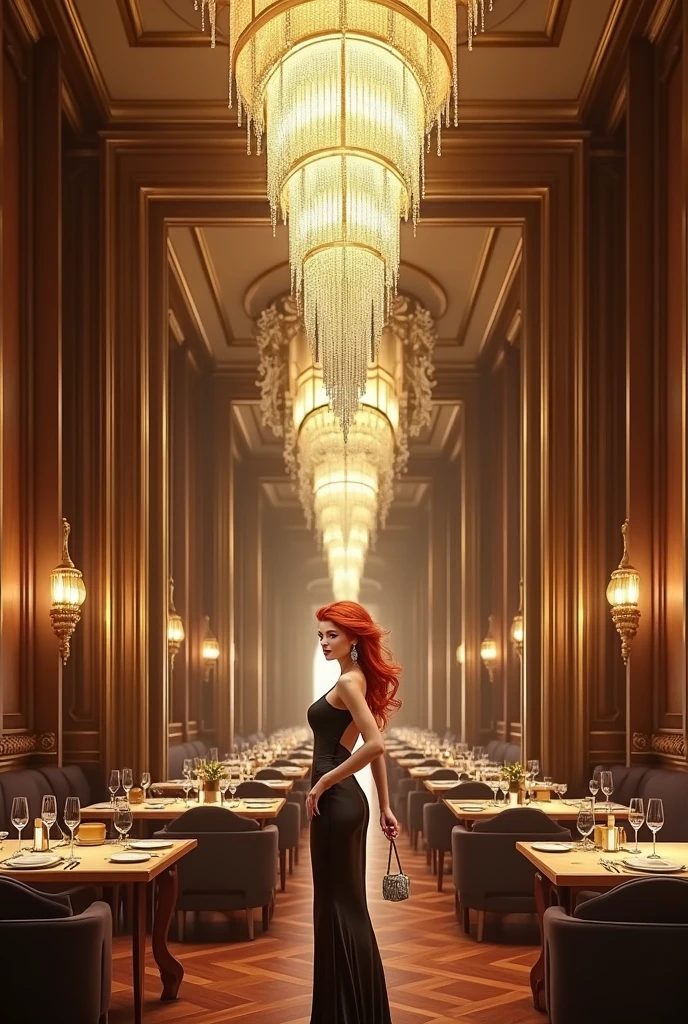 red-haired woman,with a black dress with diamonds and a white bag,fully body,in a refined golden restaurant.