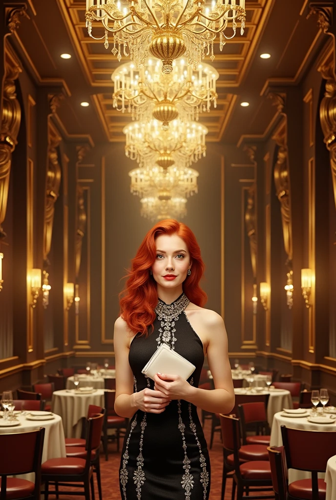 red-haired woman,with a black dress with diamonds and a white bag,fully body,in a refined golden restaurant.