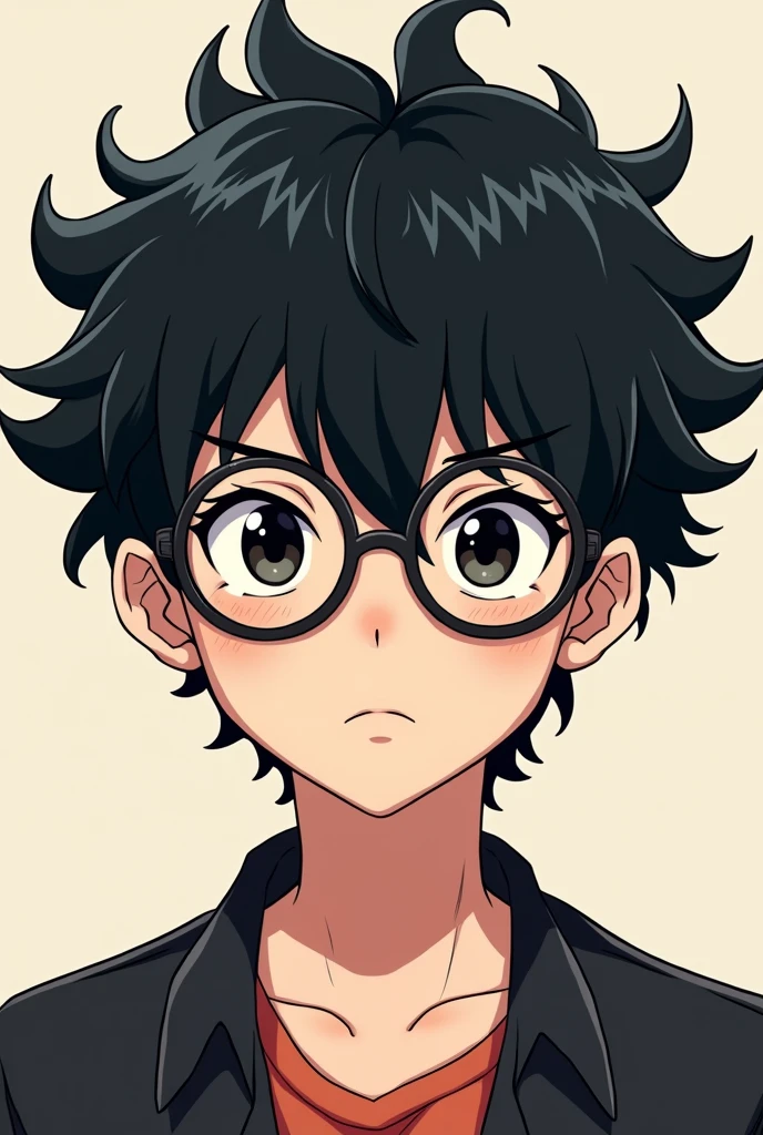 Anime , male ,18 year, black hair , circle glasses curly and messy hair , black eye