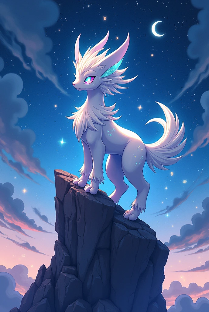an art of the fakemon celestial celestlleo anime version on top of a rock
