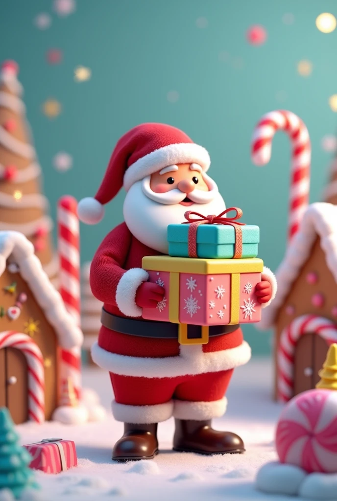 Personalized sweet Structured with Christmas theme Santa Claus holding gift boxes in candy colors