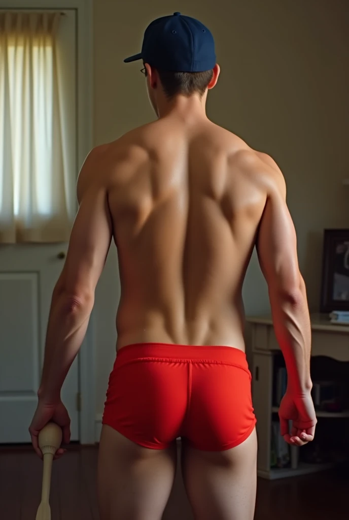 hunky dude getting a bare-ass whuppin. Pale collegiate 18yo arrogant brat (presenting his juicy (round naked butt)) for a whuppin with the (old-fashioned schoolhouse paddle). dude’s ASS and glutes are airbrushed BRIGHT RED - a SPANKED REDDENED BUTT. Dude is wearing white crew socks and a navy BLUE baseball cap. Indoor setting. Dude in tears and crying out “oww sir, this paddling stings my poor red bum.”