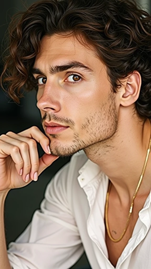 omen , man, 30 years, dark brown hair, curly hair, long hair, Brown eyes, the corner of the eye is down, Hooked nose, face without hair, Face without beard, face without stubble, thick eyebrows