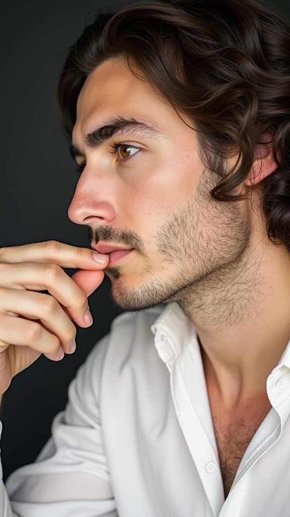 omen , man, 30 years, dark brown hair, curly hair, long hair, Brown eyes, the corner of the eye is down, Hooked nose, face without hair, Face without beard, face without stubble, thick eyebrows