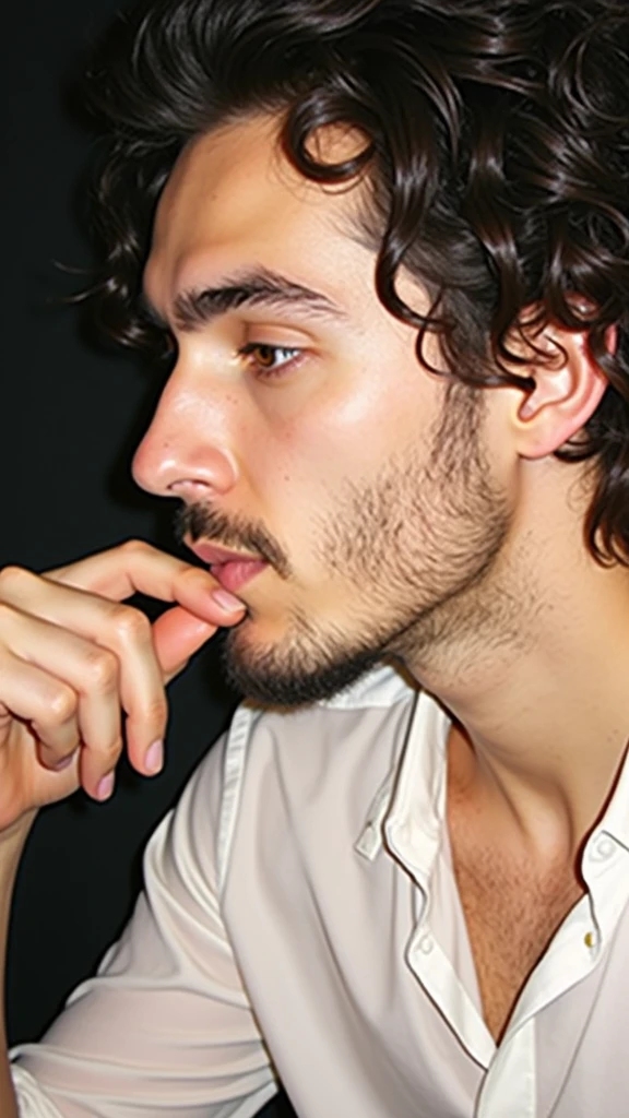 omen , man, 30 years, dark brown hair, curly hair, long hair, Brown eyes, the corner of the eye is down, Hooked nose, face without hair, Face without beard, face without stubble, thick eyebrows