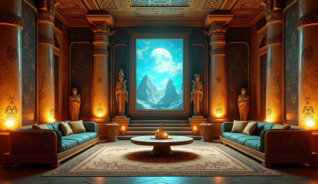 Create a highly detailed and immersive living room with a strong visual influence from ancient Egyptian mythology. The room should have an authentic Egyptian atmosphere, with ornate pillars, walls adorned with hieroglyphics, and statues of gods like Anubis or Horus. The color palette should include deep golds, blues, and blacks, with intricate patterns inspired by Egyptian art. Use furniture that reflects the style of the time, such as carved wooden chairs with animal motifs, low decorated beds, tables with hieroglyphic details, and luxurious textiles. In the center of the room, seamlessly integrate a modern screen that fits within the mythological theme, appearing as if it could be a part of the ancient world.