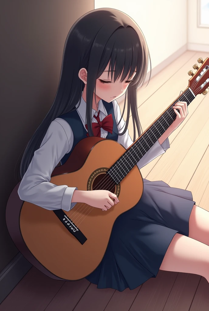 Pretty anime girl in school uniform with long dark hair with eyes closed sitting on the floor sideways playing a guitar