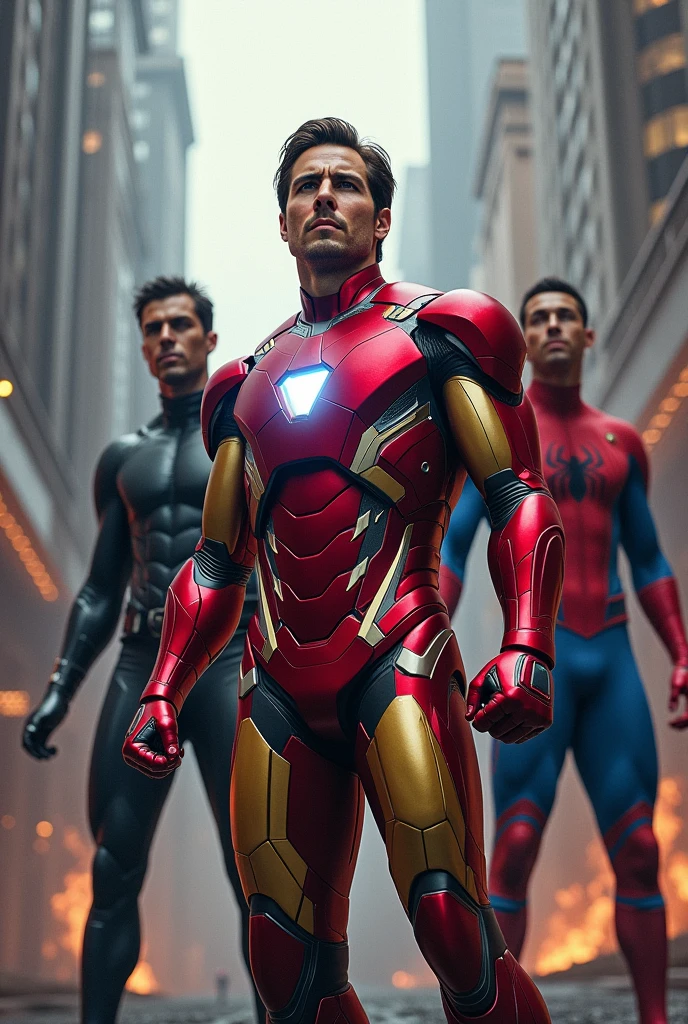Tom Cruise's Iron Man with Spiderman and Cristiano Ronaldo, fighting against Doctor Doom and Kang the Conqueror.
