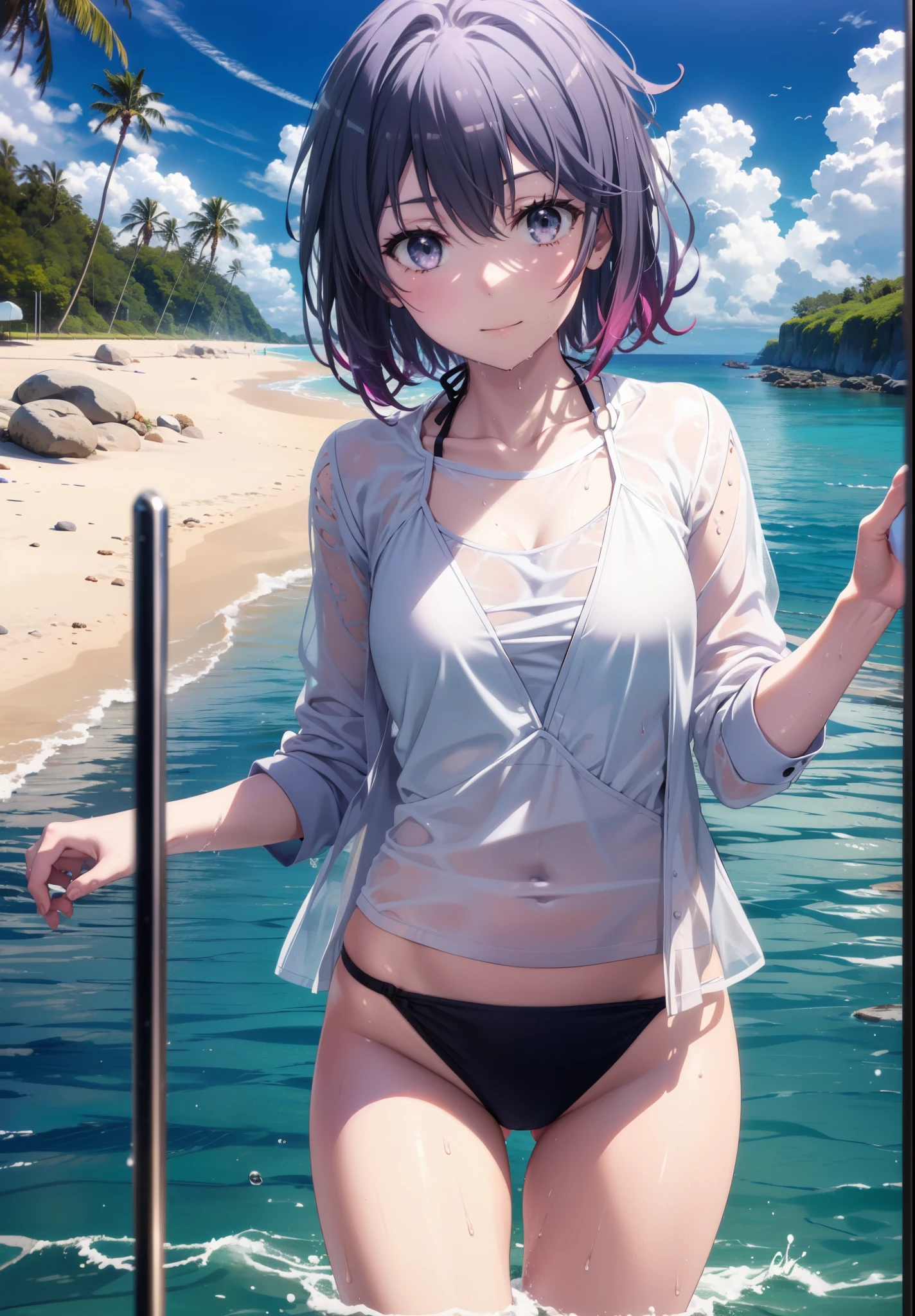 Haruno Yukinoshita, Haruno Yukinoshita, short hair, Hair between the eyes, (Iris:1.5), Black Hair, Gradient Hair, Two-tone hair, Purple Hair, smile,
Black Bikini Swimsuit,barefoot,Wet swimsuit,Wet Hair,Wet Skin,Water Play,Daytime,Clear skies,True Summer,whole bodyがイラストに入るように,
break looking at viewer,whole body, (Cowboy Shot:1. 5),
break outdoors, Ocean,Beach,
break (masterpiece:1.2), Highest quality, High resolution, unity 8k wallpaper, (figure:0.8), (Beautiful attention to detail:1.6), Highly detailed face, Perfect lighting, Highly detailed CG, (Perfect hands, Perfect Anatomy),