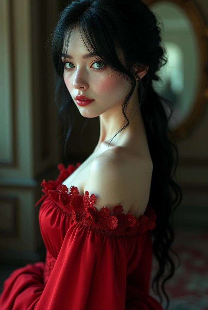 victorian age girl with black straight hair and emerald green eyes wearing a victorian red dress, pale and soft skin with a small mole in her left cheek looks like a vampire and has this femme fatale aura