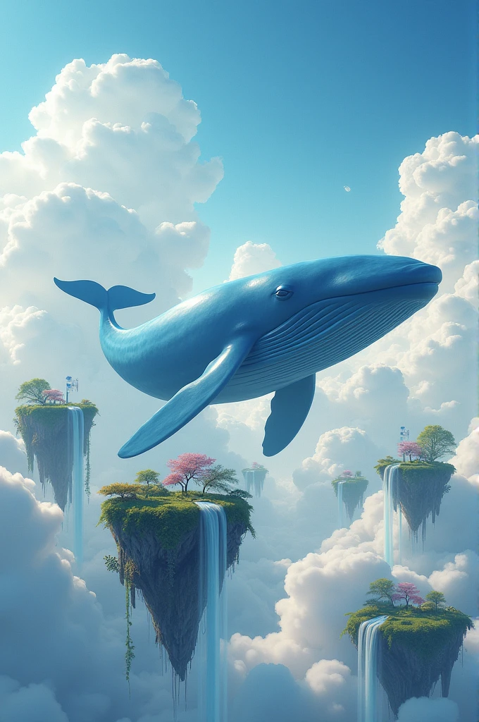 create a drawing, of a fantastic and surreal scene in a sky full of clouds. At the center, a huge blue whale floats gracefully in the air, as if swimming through the sky. Around her, several floating islands covered in vibrant green vegetation are suspended in the air, each with waterfalls that gently fall into the void below.