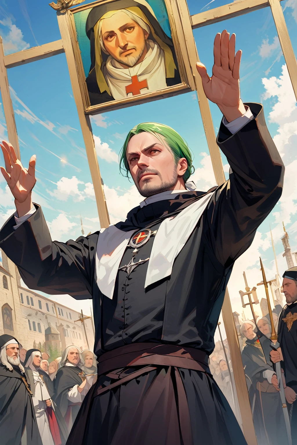 Martin Luther, green hair, reformer, religious icon, influential historical figure, German theologian, leader of the Protestant Reformation, symbolic portrait, strong presence, deep conviction.40 yo,((dynamic angle)),((dynamic pose)),