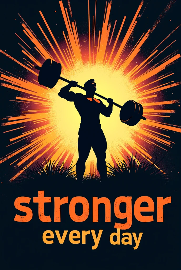 Stronger Every Day”:
• Create a dynamic design with a silhouette of a person lifting weights, surrounded by rays of light or energy lines, with “Stronger Every Day” in a bold, energetic font.