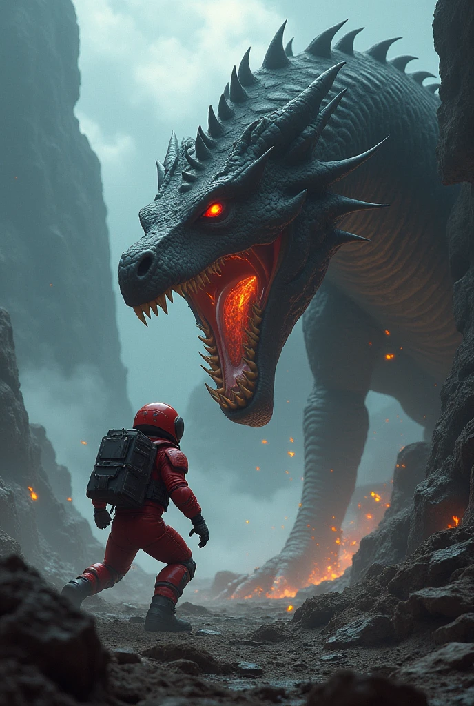 Red crew member from the Among us game, fighting a dragon in a dark fantasy world