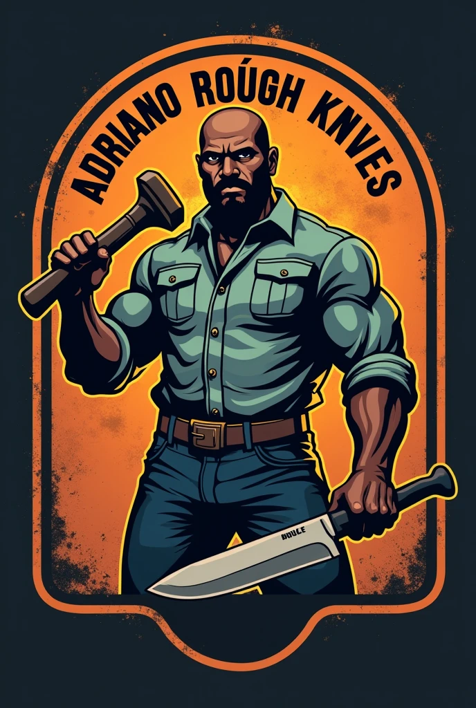 Make a large anvil-shaped logo written in clear Portuguese without errors " Adriano rough knives", with a bald black man who doesn't have a beard and is strong, wearing a uniform or jeans holding a knife in one hand and a hammer in the other