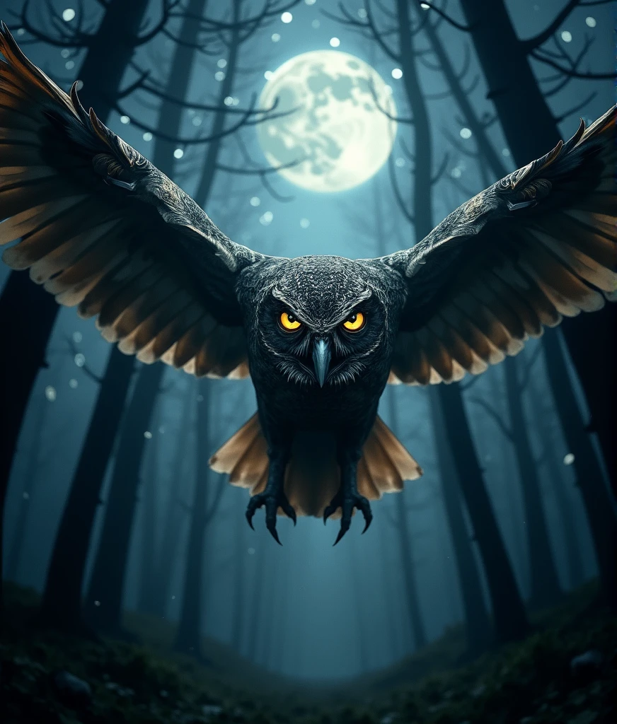 fantasy, a mystical owl flying through a dark forest straight at the viewer , detailed feathers, intense glowing eyes, sharp beak, night sky background, moonlight shining through trees, (best quality,8k,highres,masterpiece:1.2),ultra-detailed,(realistic,photorealistic,photo-realistic:1.37),dark and moody atmosphere, dramatic lighting, cinematic composition