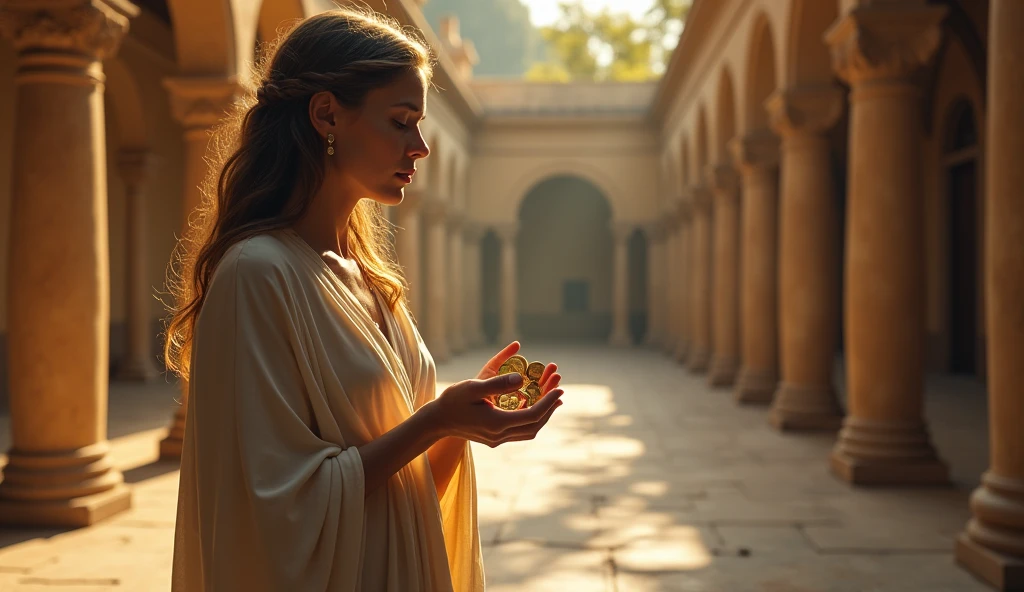 In the heart of an ancient villa, a woman hold ten coins while talk to her friends. Her expression is one of reverence and contemplation, adding a sense of happiness to the scene. This high-resolution painting captures the moment with exquisite realism, showcasing the woman's flowing robes and ethereal beauty. The composition is in biblical symbolism, inviting viewers to ponder the significance of the event. Ensure that the image depicts the thematic concept of lost coin story and is visually appealing and eye-catching. hyper detailed, dynamic color , wearing a tunic, super emotional image, Great quality and realistic image, the epic scene, hiper realistic, blockbuster, high detailed, , 8K photography, 50mm f/1.8 lens, high details, high face details, high hands details, perfect hands, soft illumination, high quality, natural light, stunning blockbuster background, dynamic angle