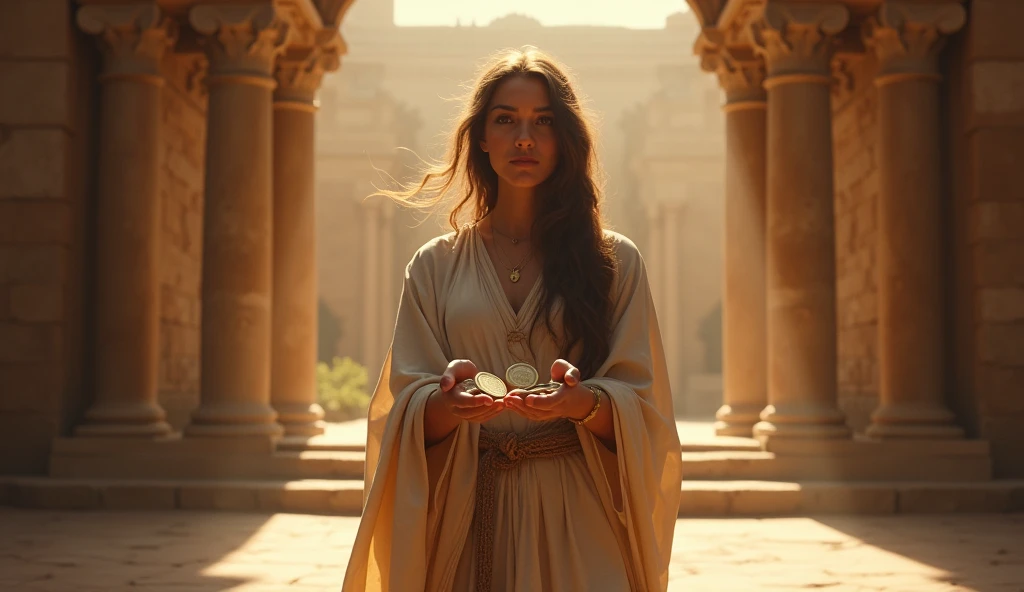 In the heart of an ancient villa, a woman hold ten coins while talk to her friends. Her expression is one of reverence and contemplation, adding a sense of happiness to the scene. This high-resolution painting captures the moment with exquisite realism, showcasing the woman's flowing robes and ethereal beauty. The composition is in biblical symbolism, inviting viewers to ponder the significance of the event. Ensure that the image depicts the thematic concept of lost coin story and is visually appealing and eye-catching. hyper detailed, dynamic color , wearing a tunic, super emotional image, Great quality and realistic image, the epic scene, hiper realistic, blockbuster, high detailed, , 8K photography, 50mm f/1.8 lens, high details, high face details, high hands details, perfect hands, soft illumination, high quality, natural light, stunning blockbuster background, dynamic angle