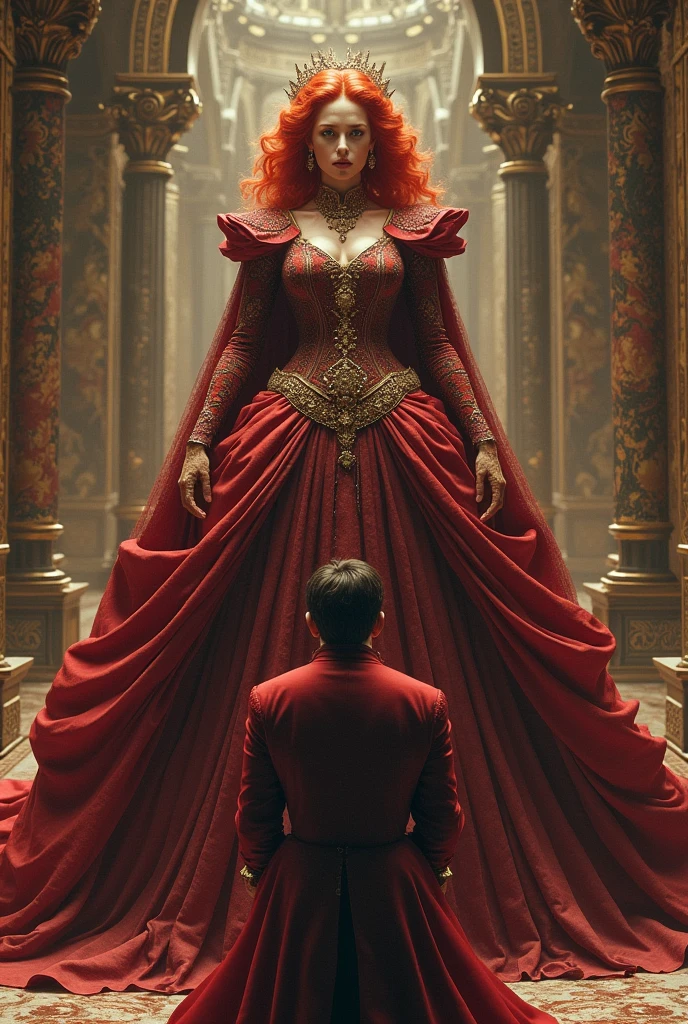 A red-haired queen in a huge dress and a man kneeling in front of her 
