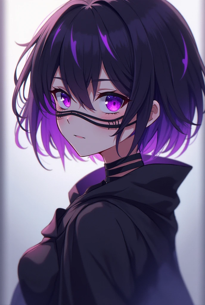 anime, Girl with short hair and purple tips, with one purple eye and the other eye covered with black bandages, and with clothes covering his body
