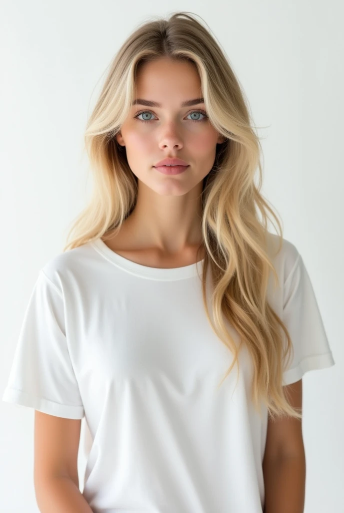 Blonde woman in plain white t-shirt
