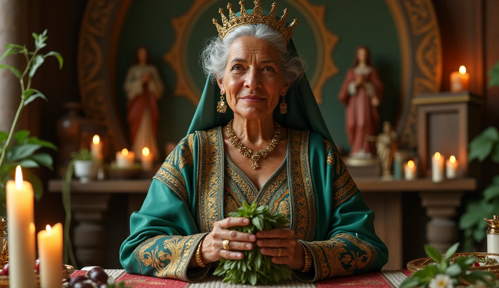 Create an ultra-realistic image of a traditional Brazilian faith healer woman looking straight ahead , 60 years old dressed in exquisite clothes. She is performing a blessing ritual. The healer holds a bundle of herbs, like rue and basil, In your hands. His expression is serene and focused as he performs the ritual.. in the background candles, aromatic herbs, various saints